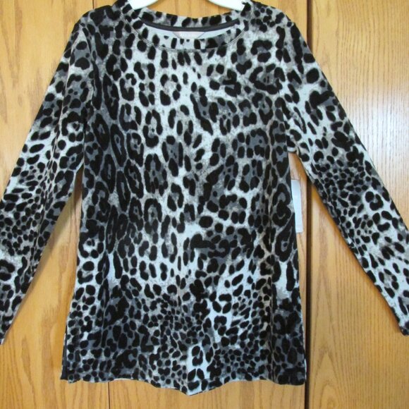 WHITE STAG WOMEN'S SIZE S (4-6) TOP VELOUR BLACK LEOPARD ANIMAL PRINT LS NWT - Picture 2 of 9
